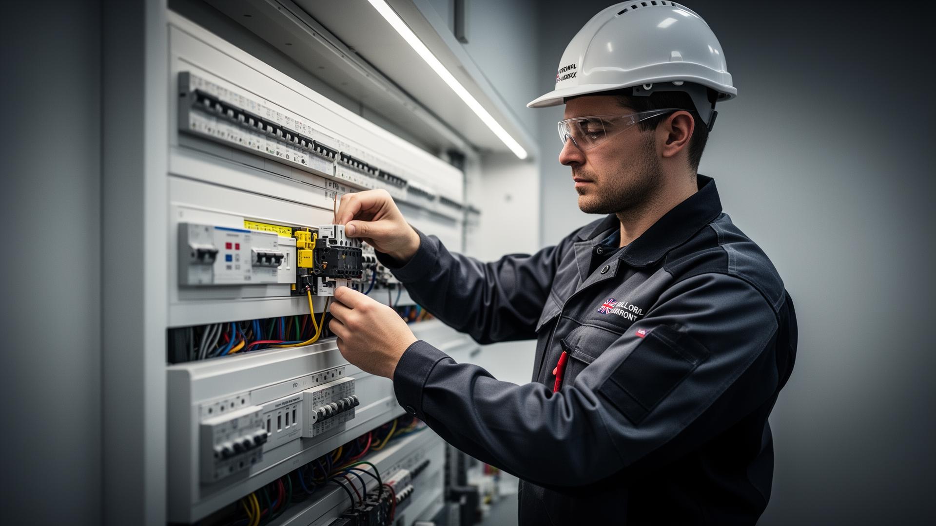 Electrician working on an electrical distribution board